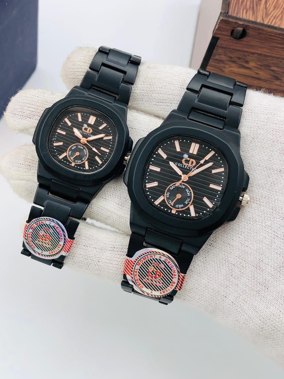 Luxury Couple Wrist Watch Set – Black & Gold Stainless Steel (Available in Multiple Colors)