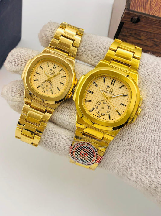 Luxury Couple Wrist Watch Set – Black & Gold Stainless Steel (Available in Multiple Colors)