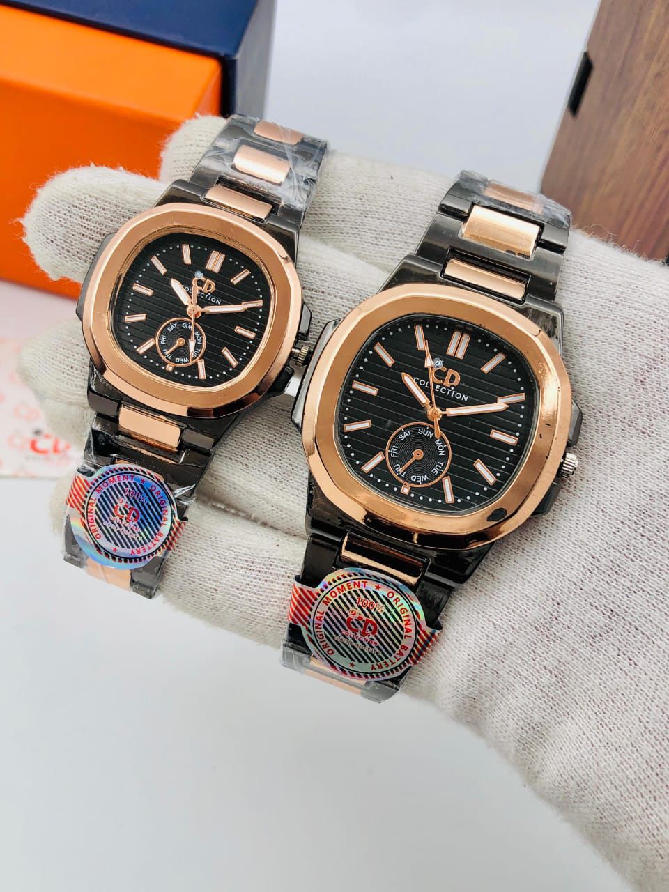 Luxury Couple Wrist Watch Set – Black & Gold Stainless Steel (Available in Multiple Colors)