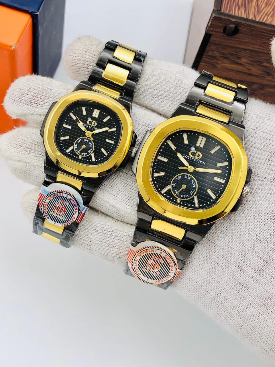 Luxury Couple Wrist Watch Set – Black & Gold Stainless Steel (Available in Multiple Colors)